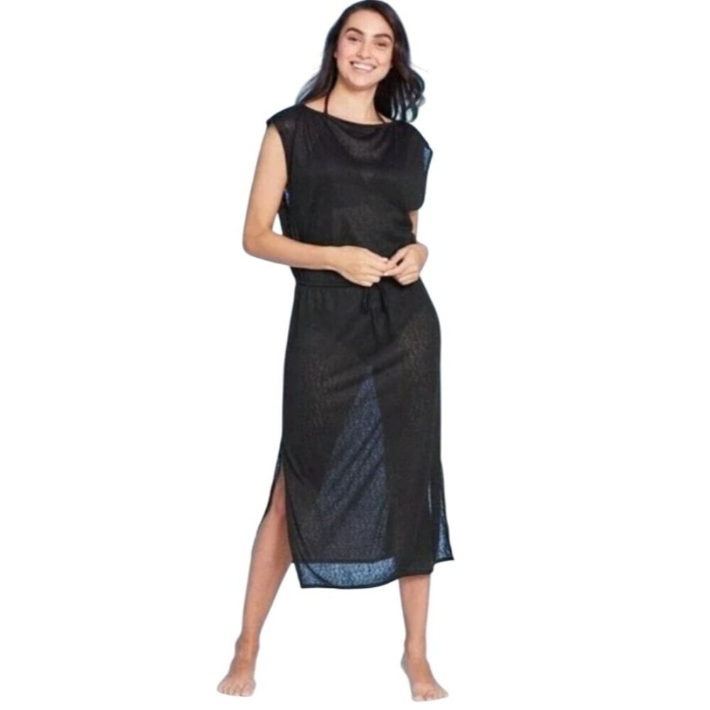 Kona Sol Womens Black Sheer Swimsuit Cover-Up Dress Waist Tie & Side Slits SZ S